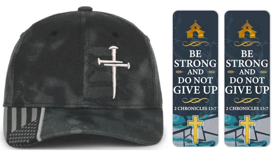Kryptek Typhoon Christian Cross Hat with set of Be Strong and do not give up 2nd Chronicles Bookmarks