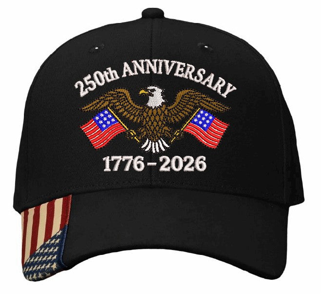 250th Anniversary of America Embroidered Fitted or Adjustable Hat with Eagle and American Flag Design 1776-2026