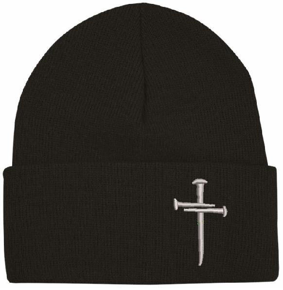 Christian 3 Nail Cross Embroidered Winter Cuff or Beanie Hat