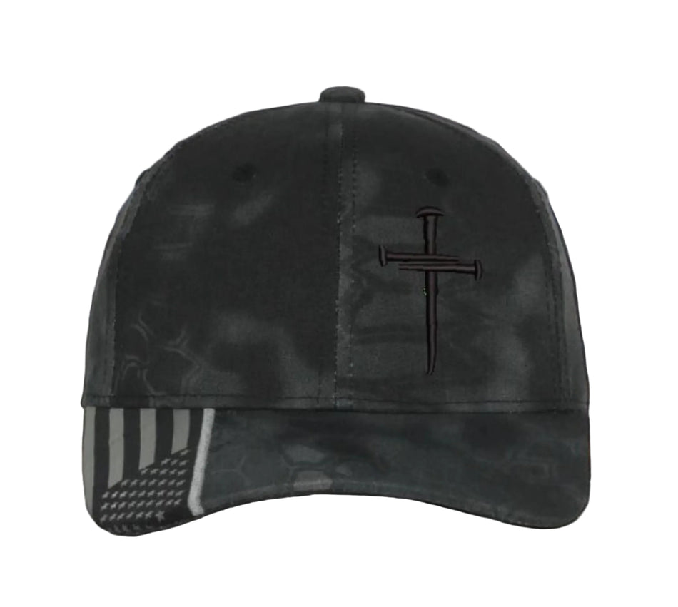 Christian Cross BLACK Sacred Nails Typhoon Adjustable hat with FREE CHALLENGE COIN