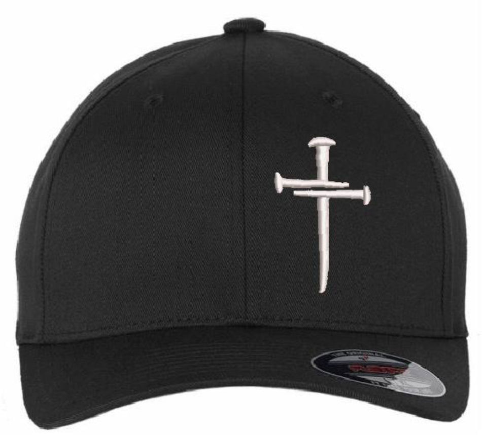 Christian Hats for Men Women Jesus 3 Nail Cross Hat BLACK XL/2X FLEX FIT HAT with a Free 4" Decal