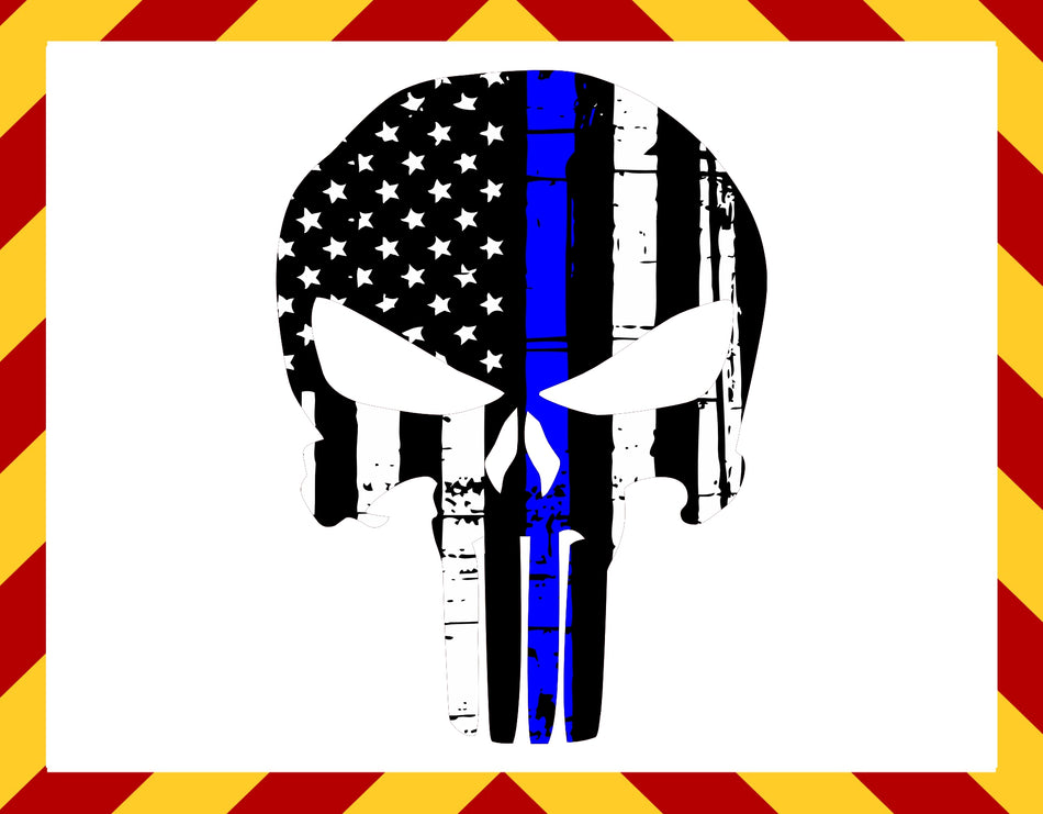 Window Decal - Police Blue Line Skull Decal