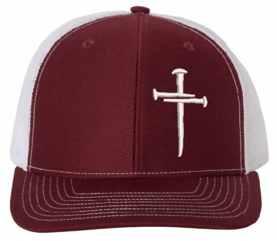 Jesus 3 Nail Cross Christian Men/Women Adjustable Richardson 112 Cardinal/White Snapback Hat with Free 4" 3 Nail Cross Decal Machine Washable USA Crafted (Copy)
