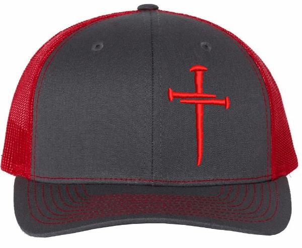Christian Cross 3 Nail Jesus Cross Hat Richard Charcoal Red 112 Mesh back hat