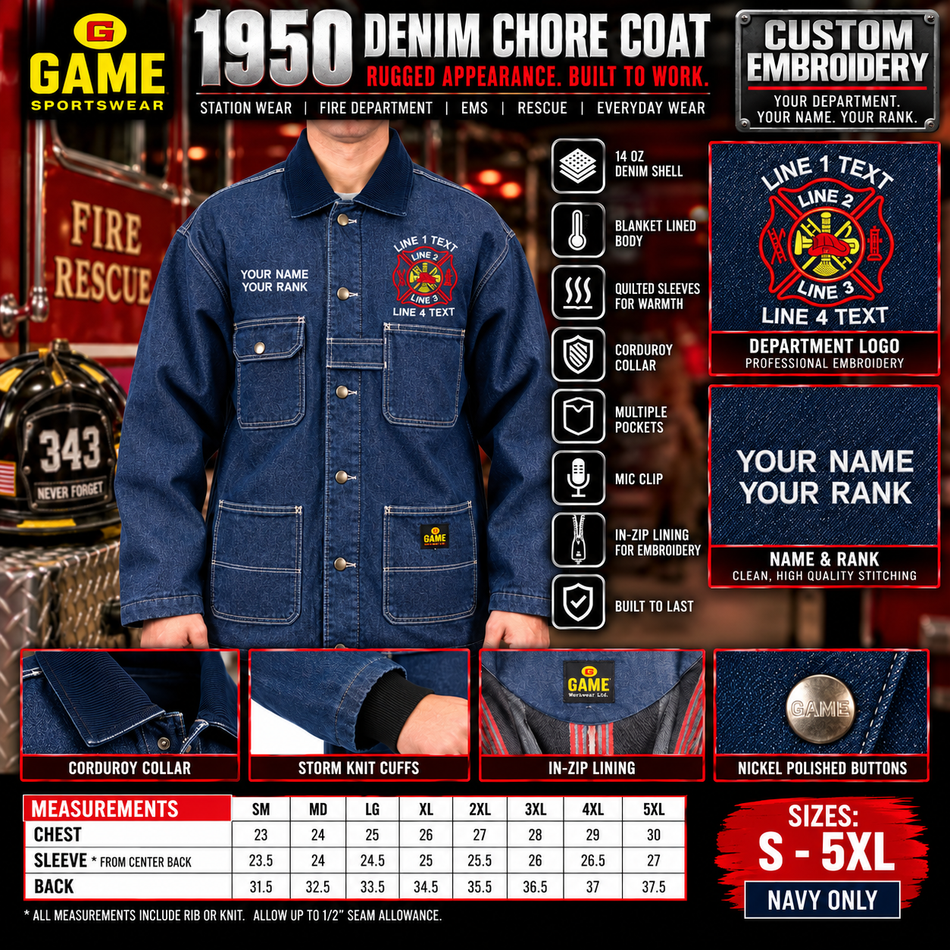 GAME Sportswear 1950 Denim Chore Coat – Custom Embroidered Basic Maltese Version 2