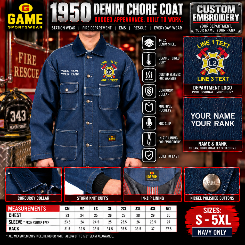 GAME Sportswear 1950 Denim Chore Coat – Custom Embroidered Spike Maltese Design