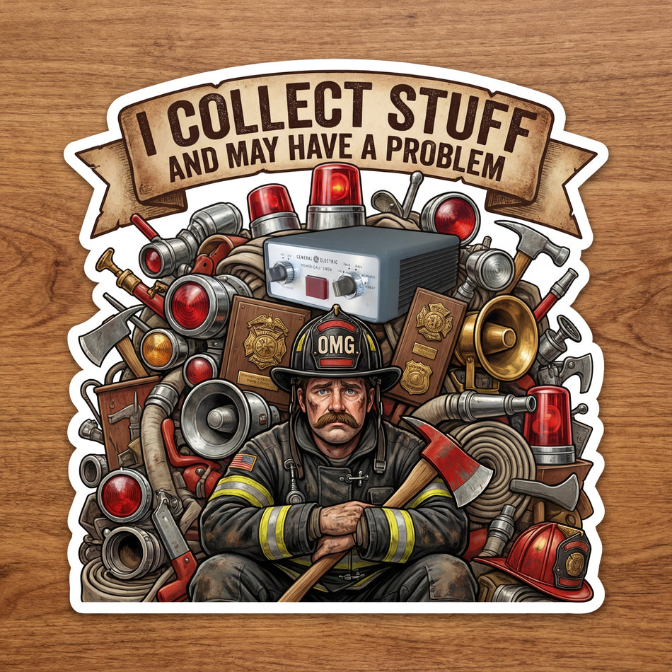 Firefighter Collector of Stuff Overwhelmed Window/Helmet Decal or MAGNET
