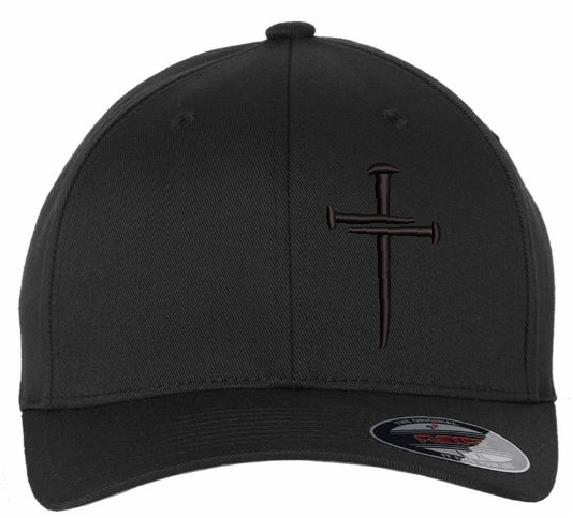 Christian Hats for Men Women Jesus 3 Nail Cross Hat BLACK Black S/M FLEX FIT HAT with a Free 4" Decal
