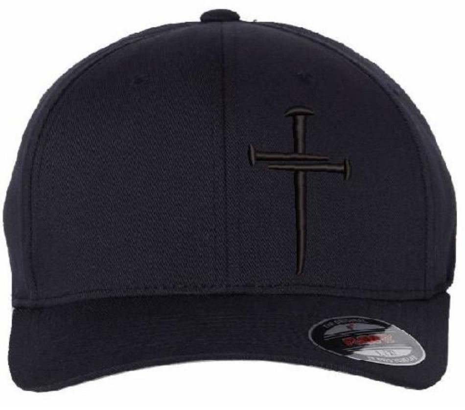 Christian Hats for Men Women Jesus 3 Nail Cross Hat Premium FLEX FIT NAVY/BLACK HAT with a Free 4" Decal