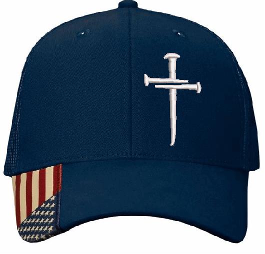 Christian Hats for Men or Women Sacred Nails Cross Jesus Navy Blue Mesh Back AM350 Adjustable Cap