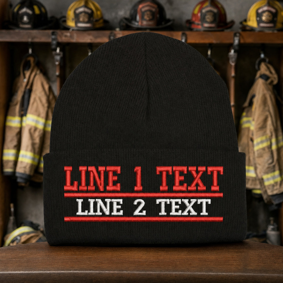 Custom Firefighter EMS Rescue Police Customizable Winter Hat Various Styles - Embroidered Cuff Beanie Navy Blue & Black Options main fire department product image