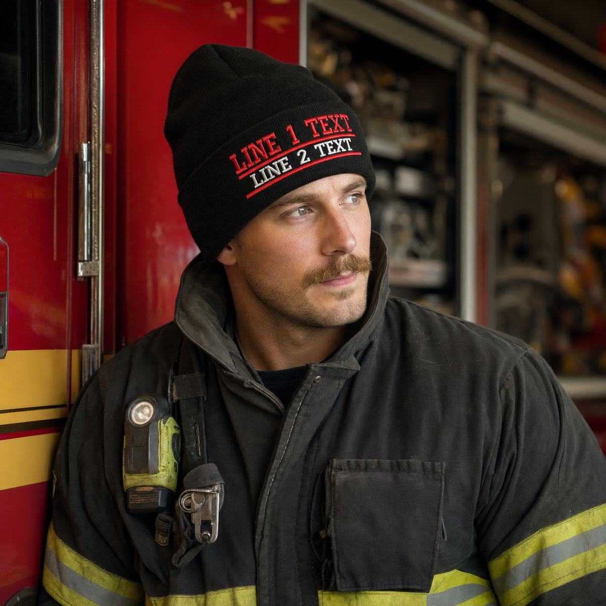 Custom Firefighter EMS Rescue Police Customizable Winter Hat Various Styles - Embroidered Cuff Beanie Navy Blue & Black Options male fire department product image