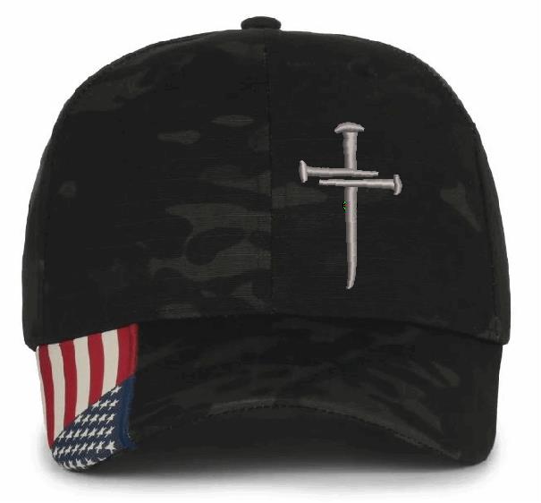 Christian Hats for Men Women Jesus 3 Nail Cross CWF405 Mutlcam with Flag Brim Adjustable Hat