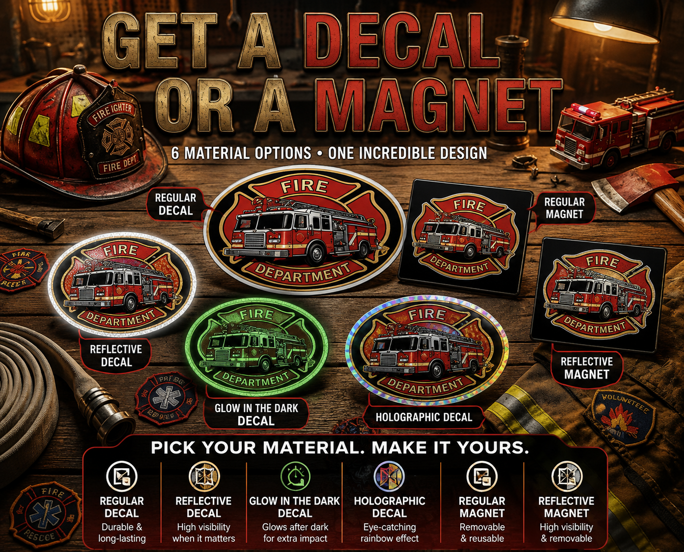 The image is a promotional graphic for fire department-themed stickers, magnets, and decals. It features various designs of fire trucks and fire department insignia, along with descriptions of the different materials and effects available for customization.