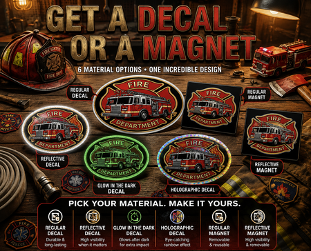 The image is a promotional graphic for fire department-themed stickers, magnets, and decals. It features various designs of fire trucks and fire department insignia, along with descriptions of the different materials and effects available for customization.