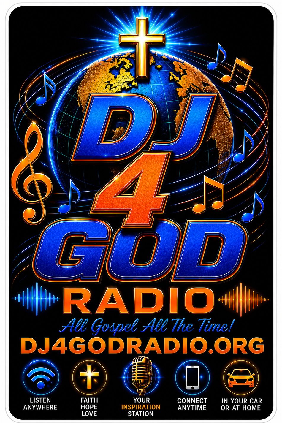 DJ For God Radio Customer Window or Helmet Decal (sqd.1)