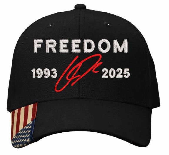 Freedom Charlie Kirk Autograph Embroidered Adjustable Hat with USA Flag Brim and FREE DECAL