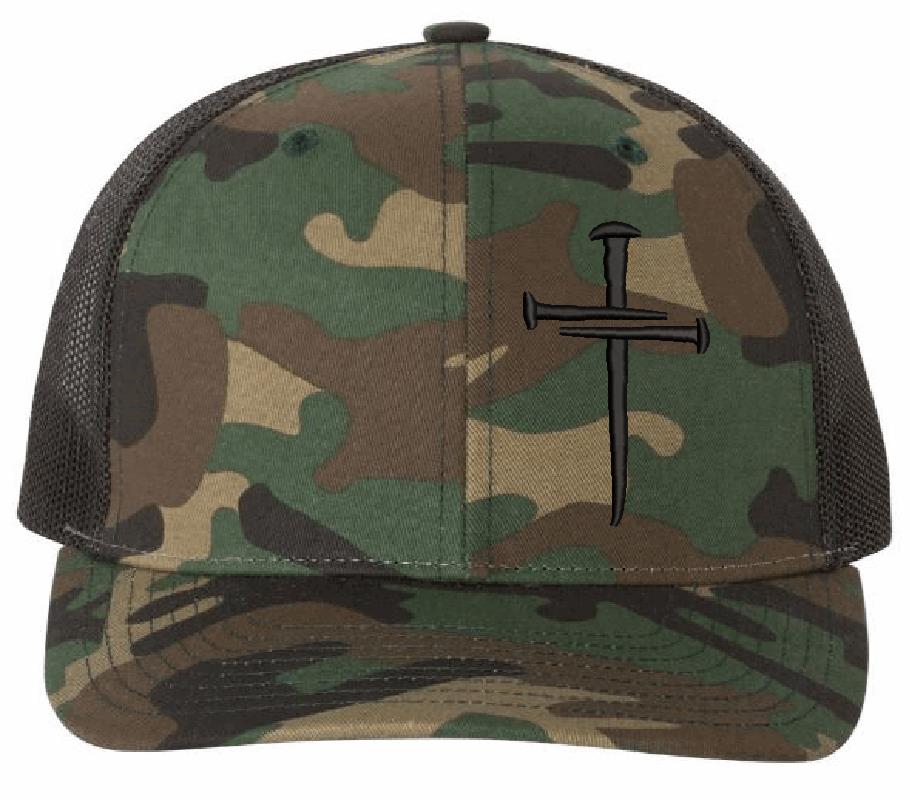Christian Cross Baseball Cap & CHALLENGE COIN Religious Sacred Nails Design, 112P Mesh Back Green Camouflage Adjustable Hat