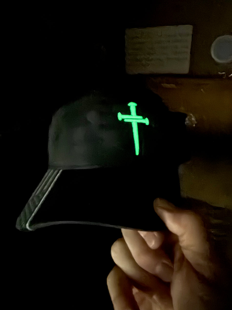 Christian Cross GLOW IN THE DARK Sacred Nails Typhoon Adjustable hat with FREE CHALLENGE COIN