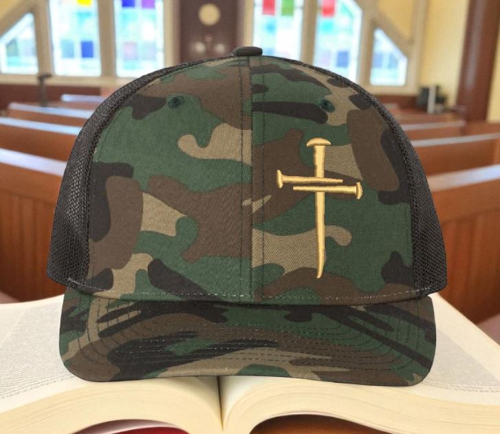 Jesus 3 Nail Cross Green Camo Hat with Beige Cross and Lion of Judah Coin