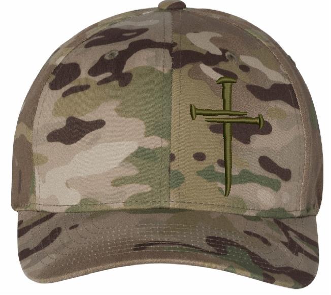 Jesus Christ Christian 3 Nail Cross Hat and Free Decal - Green Multicam Camo Flex Fit Hat
