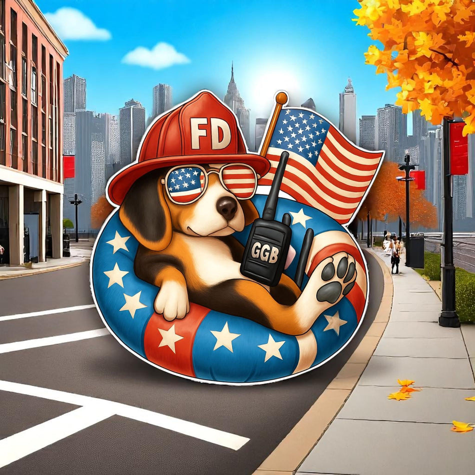 Firefighter Decal Sticker Firefighter Dog Beagle USA Firefighter Volunteer Fire Department Fire Helmet or Window Sticker