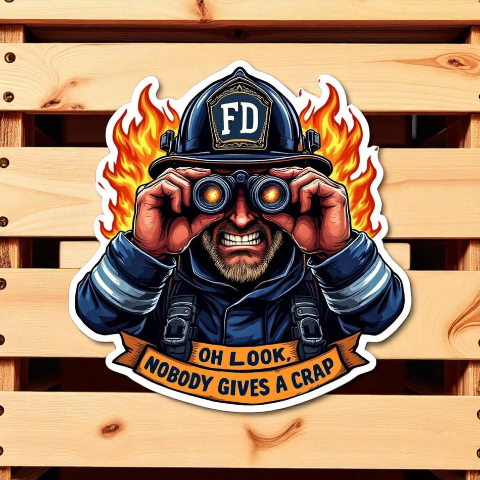 Firefighter Sticker, Nobody Gives a Crap firefighter, bunker gear, fireman, ax, mustache, fire department, hero, firehouse, sticker, fire
