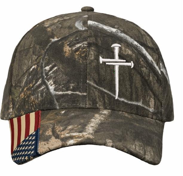 Christian Hat for Men or Women CWF305 Camo Embroidered 3 Nail Cross Hat, Decal and Wooden Cross
