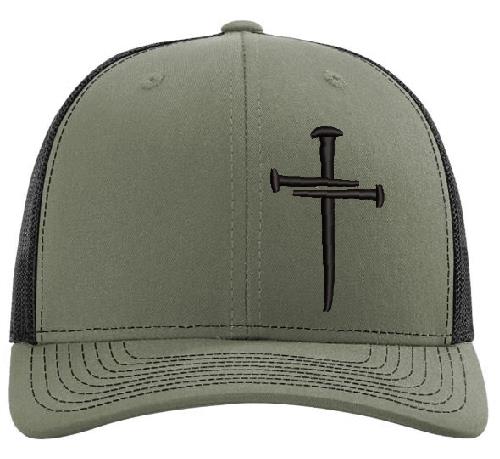 Christian Hats AND CHALLENGE Coin Jesus 3 Nail Cross Loden Green/Black 112 Mesh Back Hat