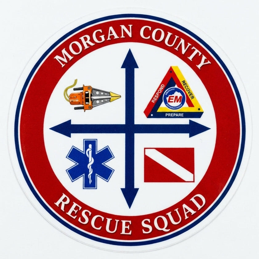 Logo of Morgan County Rescue Squad with various symbols on a white background