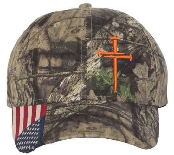 Christian Hats for Men Women Jesus 3 Nail Cross Hat MOSSY CAMO ORANGE CROSS Premium Snapback with Free 4" Decal