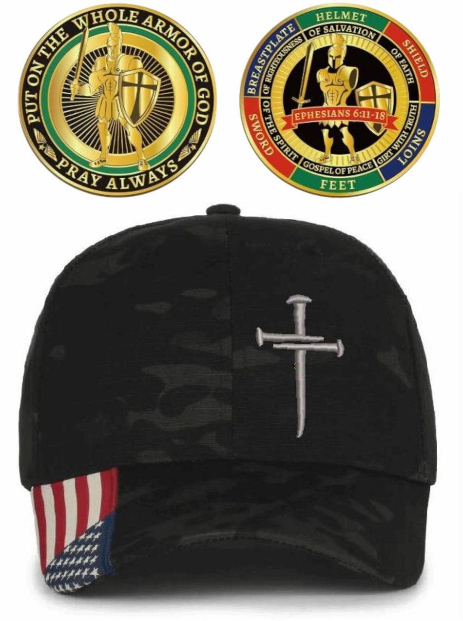 3 Nail Cross MultiCam Black Adjustable Hat with USA Flag Brim and Full Armor of God Challenge Coin