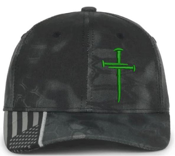 Christian Cross GREEN Sacred Nails Typhoon Adjustable hat with FREE CHALLENGE COIN