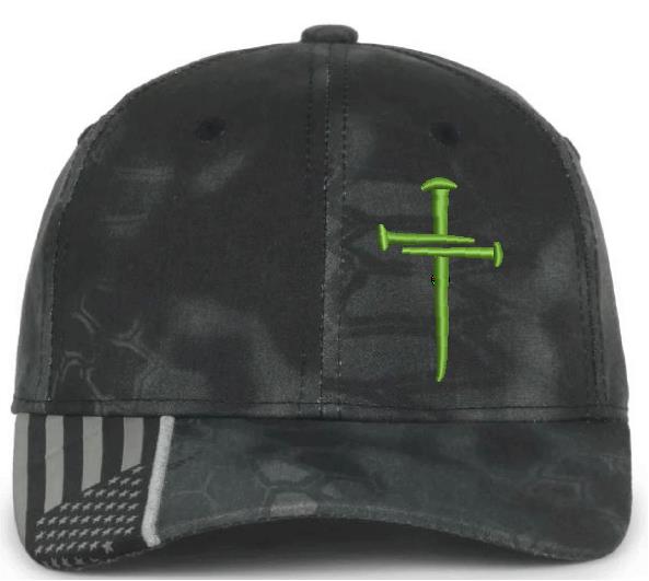 Christian Cross LIME GREEN Sacred Nails Typhoon Adjustable hat with FREE CHALLENGE COIN
