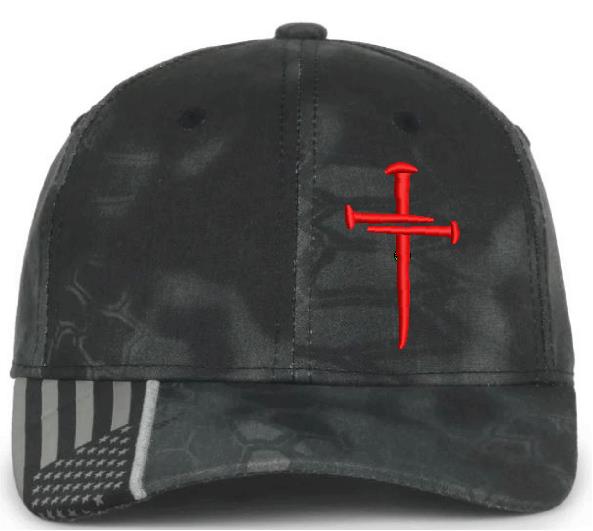 Christian Cross RED Sacred Nails Typhoon Adjustable hat with FREE CHALLENGE COIN