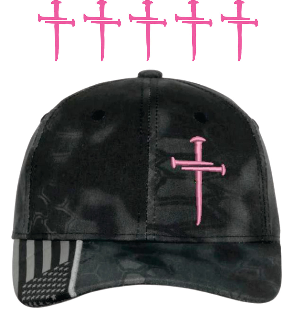 Breast Cancer Awareness Christian Cross Adjustable Hat with 5 Pink 3 Nail Cross Decals for Men or Women