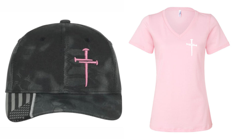 Breast Cancer Awareness Christian Cross Adjustable Hat with Bella 6405 V Neck Pink Tshirt with Cross