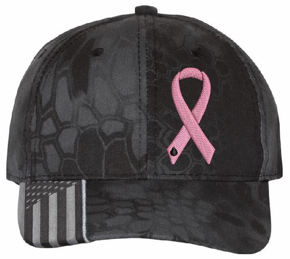 Cancer Awareness Support Ribbon Embroidered Typhoon Adjustable Hat with Flag Brim Black Camo Design