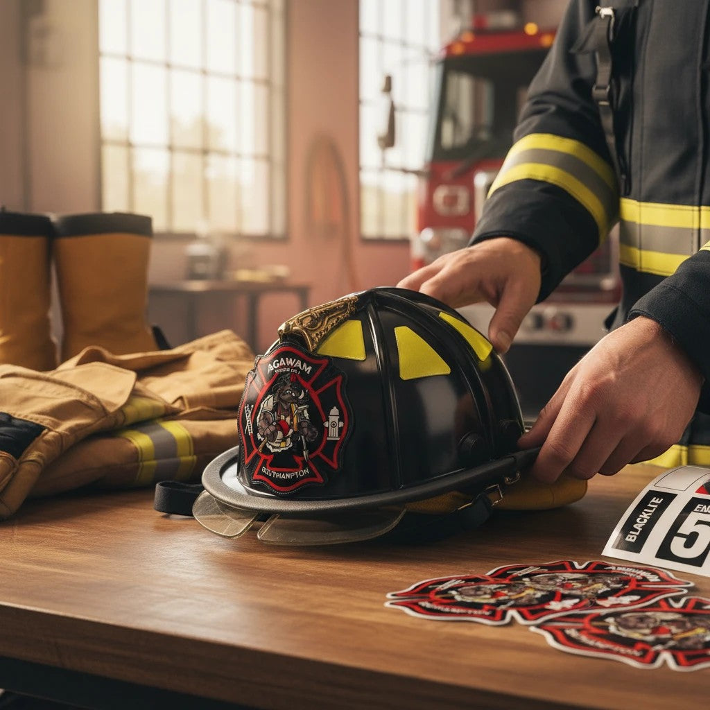 Powercall Sirens LLCAgawam South hampton helmet decal with bull graphic, on a black firefighter helmet.