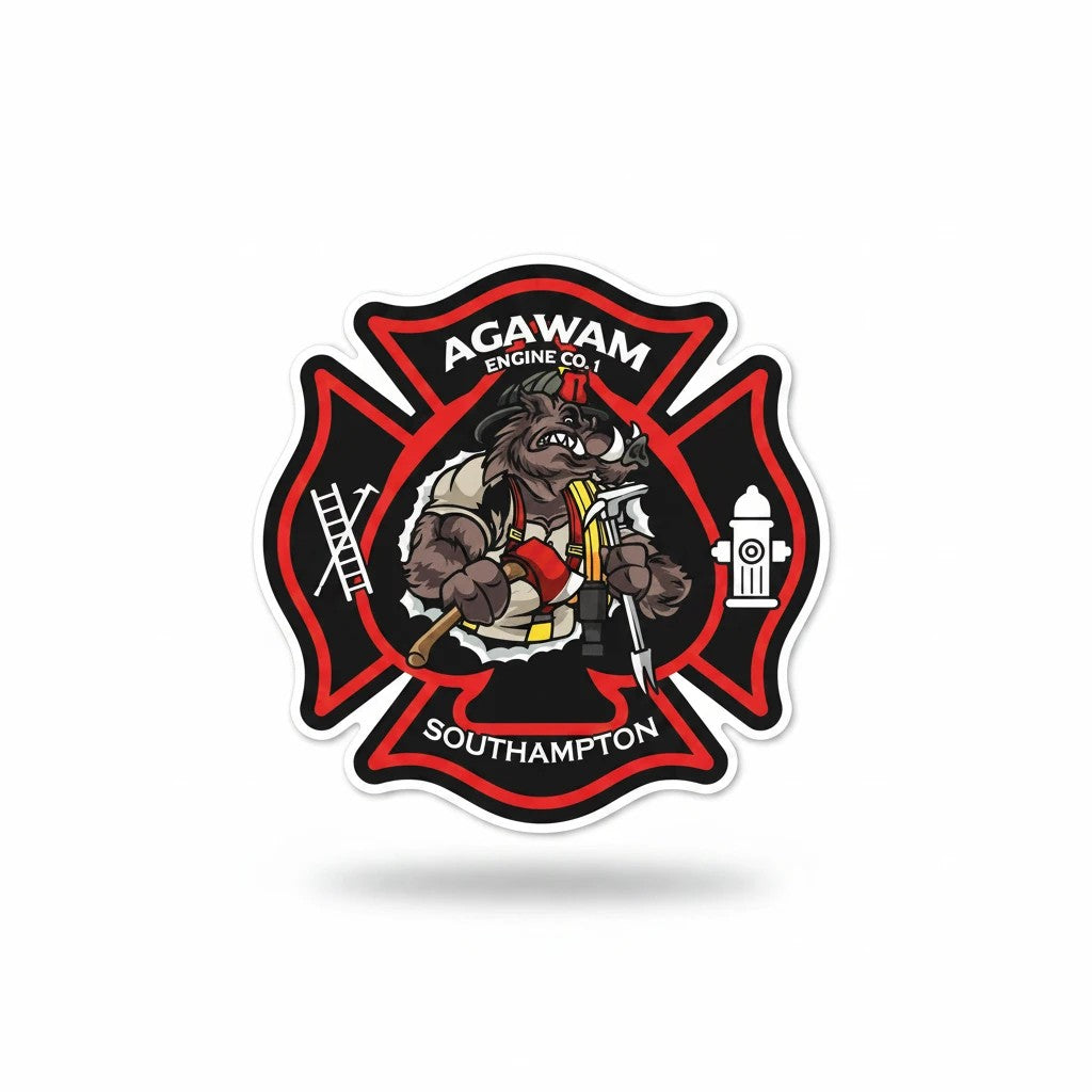 Powercall Sirens LLCAgawam Southampton Engine Co. 1 decal featuring a boar in firefighter gear holding an axe and hose.