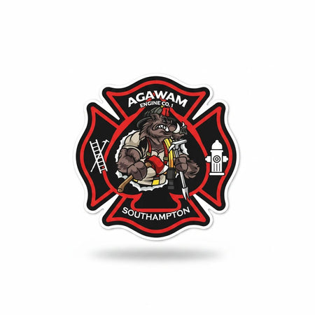 Powercall Sirens LLCAgawam Southampton Engine Co. 1 decal featuring a boar in firefighter gear holding an axe and hose.