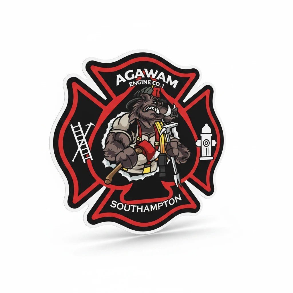 Powercall Sirens LLC Agawam Southampton fire department decal featuring a boar character holding tools.