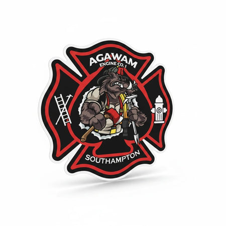 Powercall Sirens LLC Agawam Southampton fire department decal featuring a boar character holding tools.