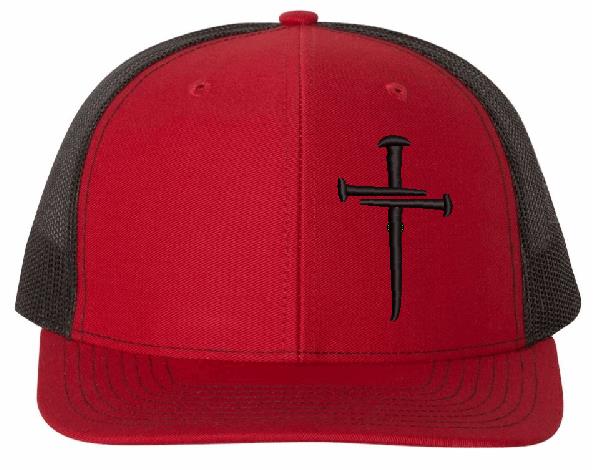 Christian Hats for Men Women Jesus 3 Nail Cross Hat Red/Black Richardson 112 Hat & Challenge Coin