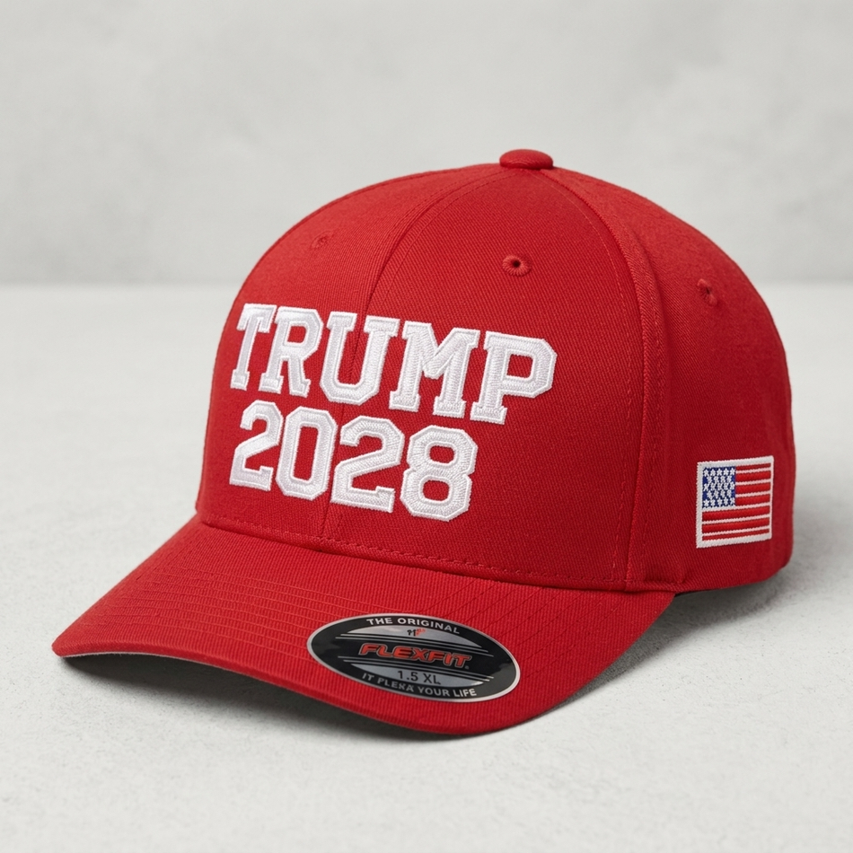 Trump 2028 Embroidered Flexfit 6277 Stretch Fit Hat with American Flag Red Cap
