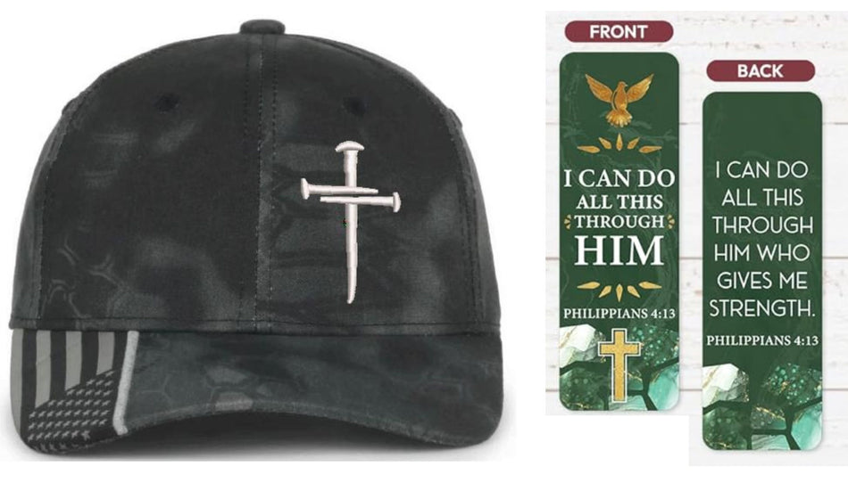 Kryptek Typhoon Christian Cross Hat with set of Phillipians 4:13 Bookmarks