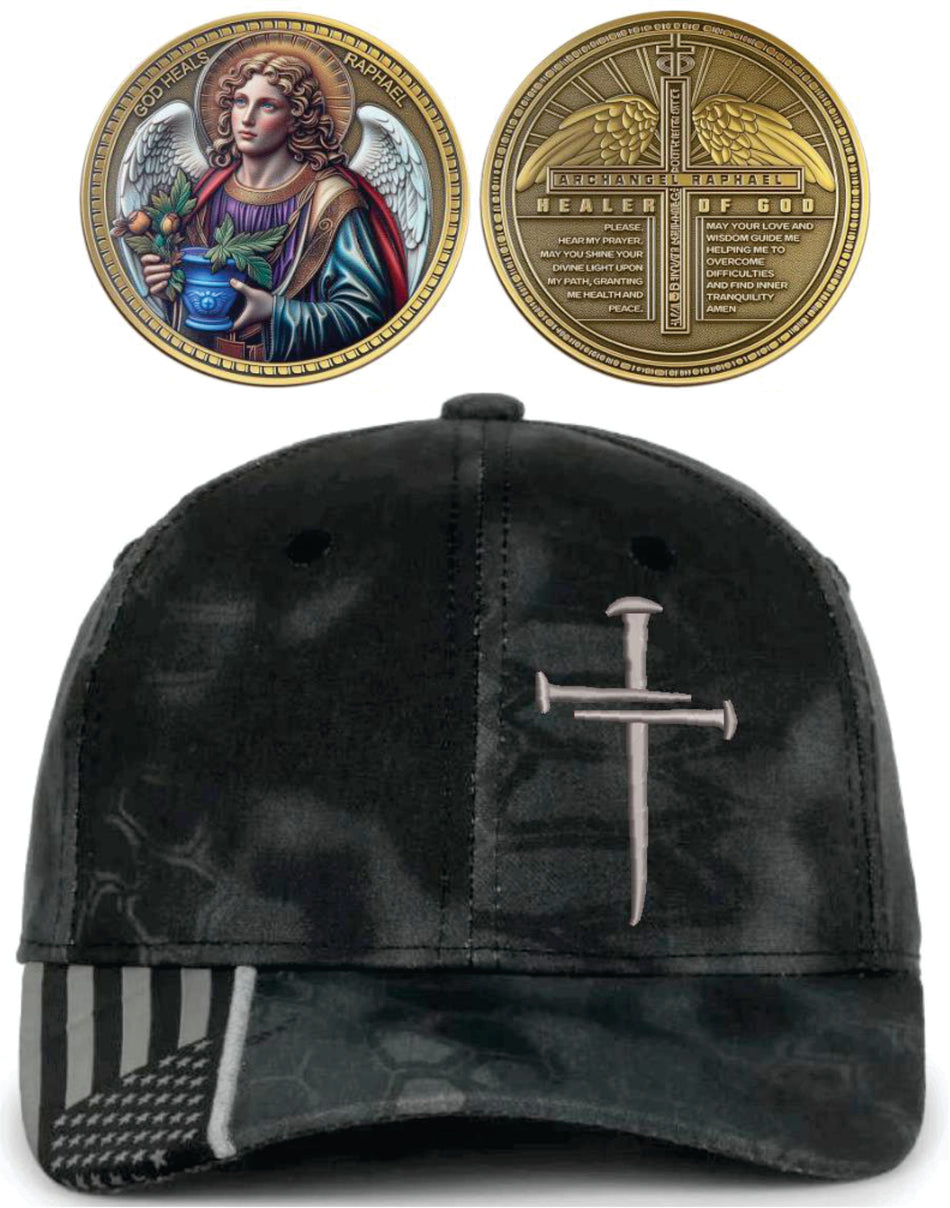 Christian Hat for Men Women Jesus 3 Nail Cross Typhoon hat Silver Cross and Healer of God Coin
