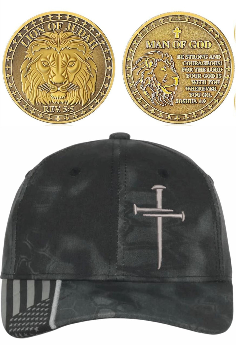 Christian Cross Hat and Challenge Coin Jesus Christ Hat Lion of Judah Challenge Coin Combo Pack