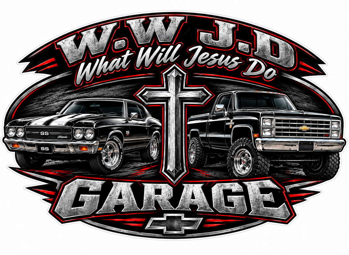WWJD Garage Design PREMIUM Customer Window or Helmet Decal (rct.1)