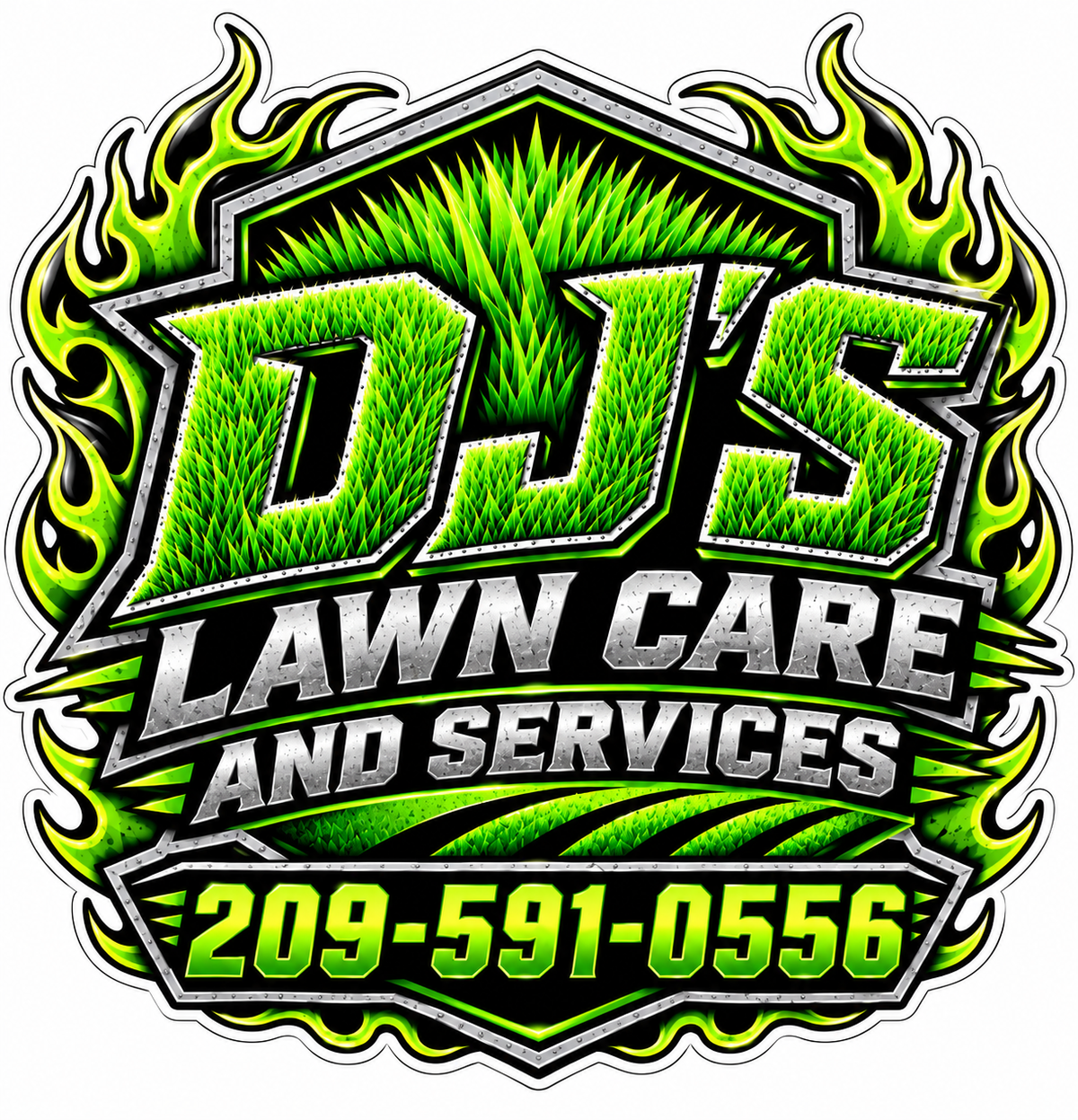 DJ's Lawn Care PREMIUM Customer Window or Helmet Decal (sqd.1)